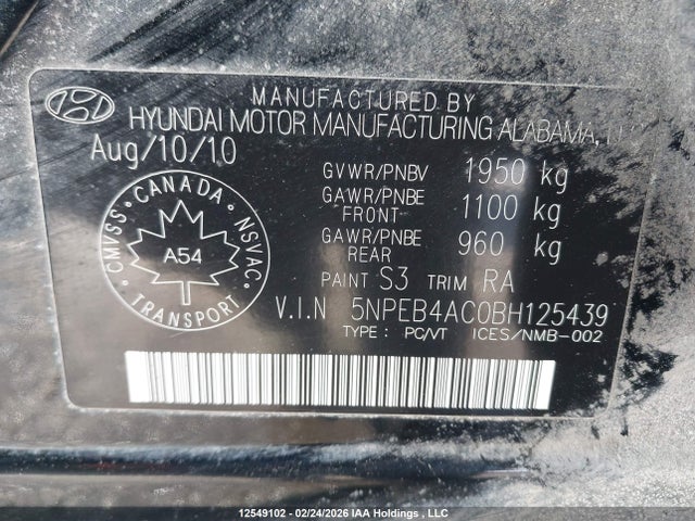 12549102 :رقم المزاد ، 5NPEB4AC0BH125439 vin ، 2011 Hyundai Sonata مزاد بيع