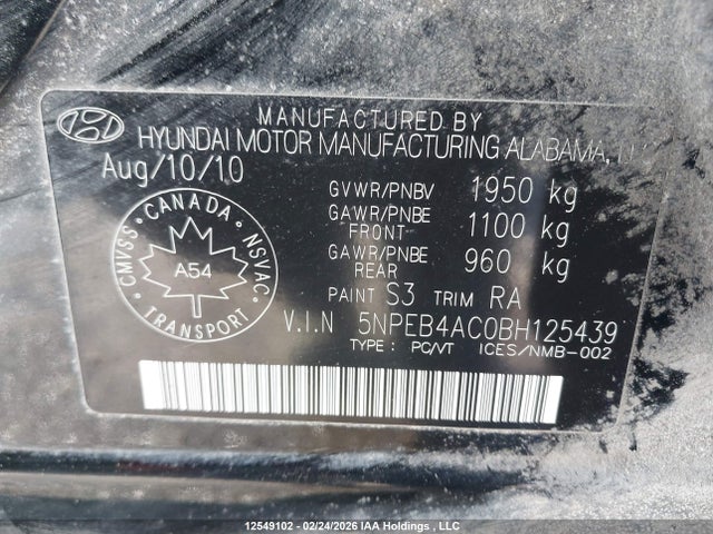 12549102 :رقم المزاد ، 5NPEB4AC0BH125439 vin ، 2011 Hyundai Sonata مزاد بيع