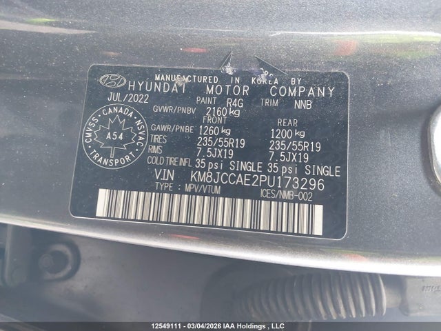 12549111 :رقم المزاد ، KM8JCCAE2PU173296 vin ، 2023 Hyundai Tucson Sel مزاد بيع