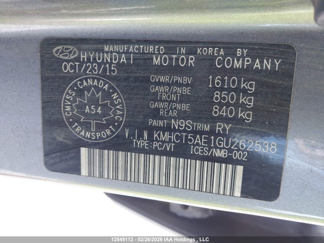 KMHCT5AE1GU262538 Hyundai ACCENT SE