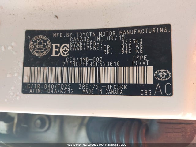 2T1BURHE9GC523616 Toyota Corolla S