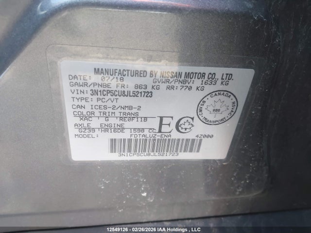 3N1CP5CU8JL521723 Nissan Kicks S/sr/sv