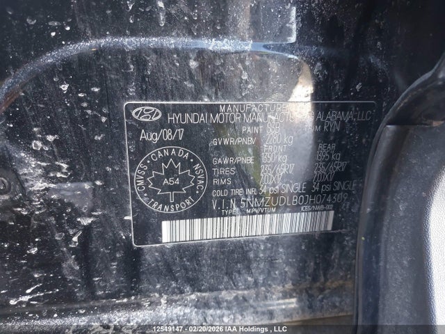 5NMZUDLB0JH074309 Hyundai SANTA FE SPORT
