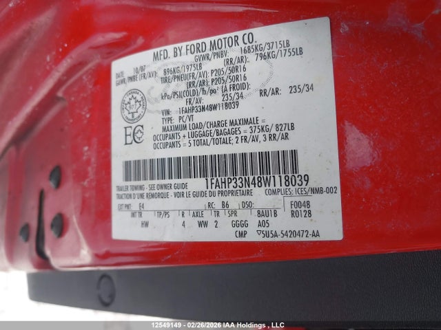 2008 Ford Focus Ses მანქანა იყიდება აუქციონზე, vin: 1FAHP33N48W118039, აუქციონის ნომერი: 12549149