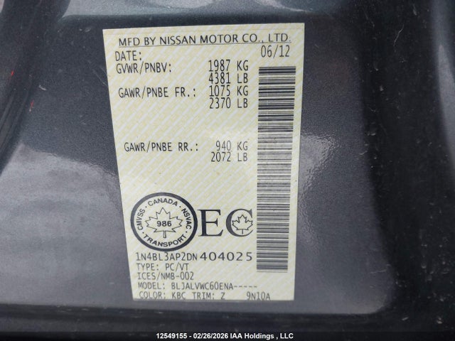 Продаж на аукціоні авто 2013 Nissan Altima, vin: 1N4BL3AP2DN404025, номер лоту: 12549155