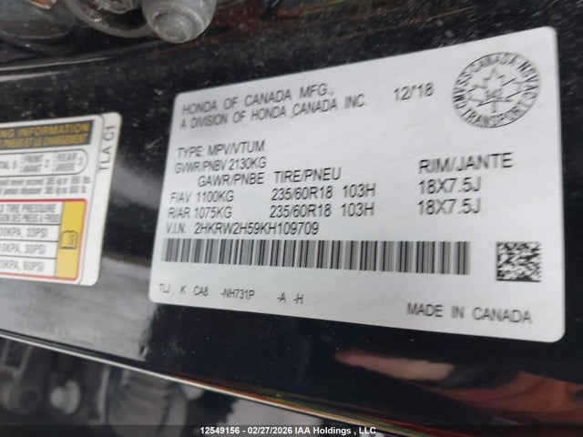 2HKRW2H59KH109709 Honda CR-V EX