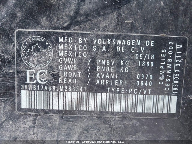 3VWB17AU8JM283341 Volkswagen GOLF S/SE