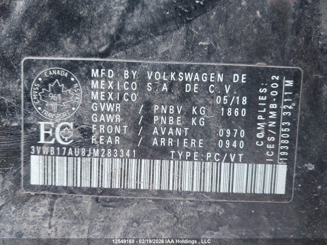 3VWB17AU8JM283341 Volkswagen GOLF S/SE