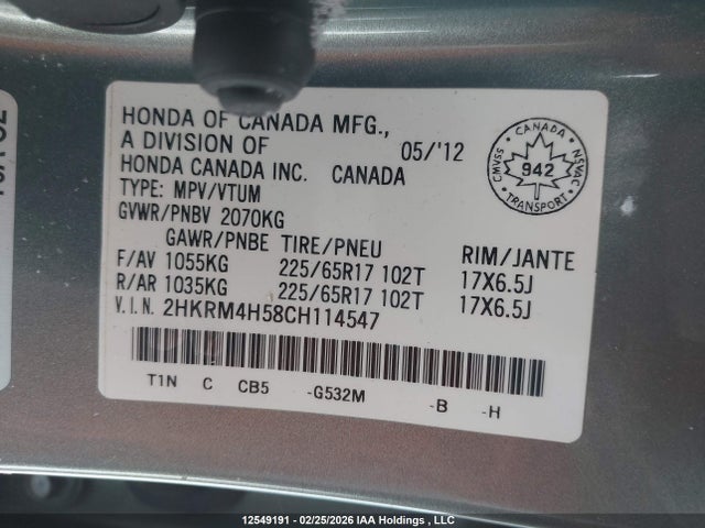 12549191 :رقم المزاد ، 2HKRM4H58CH114547 vin ، 2012 Honda Cr-v Ex مزاد بيع