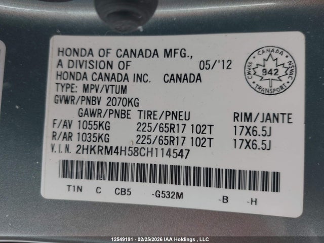 12549191 :رقم المزاد ، 2HKRM4H58CH114547 vin ، 2012 Honda Cr-v Ex مزاد بيع