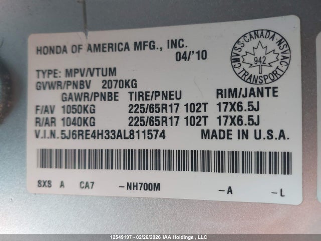 Продаж на аукціоні авто 2010 Honda Cr-v, vin: 5J6RE4H33AL811574, номер лоту: 12549197