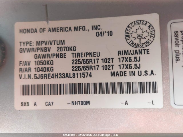 Продаж на аукціоні авто 2010 Honda Cr-v, vin: 5J6RE4H33AL811574, номер лоту: 12549197