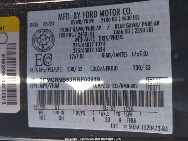 12549205 :رقم المزاد ، 3FMCR9B60RRF00919 vin ، 2024 Ford Bronco Sport Big Bend مزاد بيع
