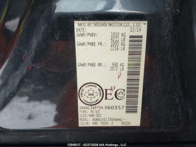 2014 Nissan Altima 2.5/2.5 S/2.5 Sl/2.5 Sv მანქანა იყიდება აუქციონზე, vin: 1N4AL3AP7EN360357, აუქციონის ნომერი: 12549217