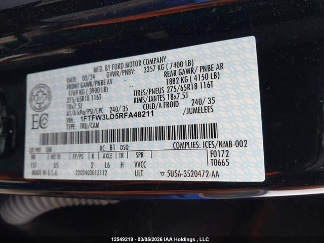 Aukcja sprzedaży 2024 Ford F-150, vin: 1FTFW3LD5RFA48211, numer aukcji: 12549219