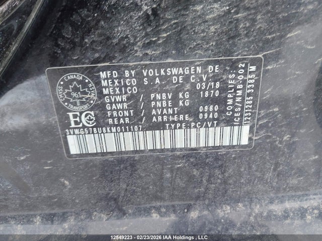 3VWG57BU8KM011107 Volkswagen Jetta Sel Premium