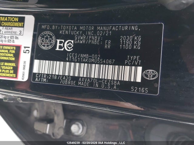 4T1G11AK0MU554067 Toyota Camry Se/se Night Shade