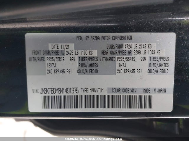 12549243 :رقم المزاد ، JM3KFBDM8M1491375 vin ، 2021 Mazda Cx-5 Grand Touring مزاد بيع