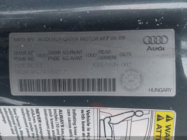 Продаж на аукціоні авто 2010 Audi Tt Premium, vin: TRUBFAFK2A1000721, номер лоту: 12549247