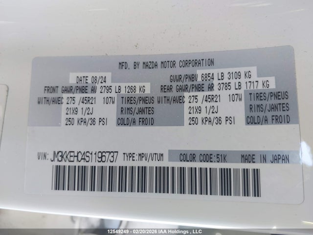 Продажа на аукционе авто 2025 Mazda Cx-90 Mhev Signature, vin: JM3KKEHC4S1196737, номер лота: 12549249