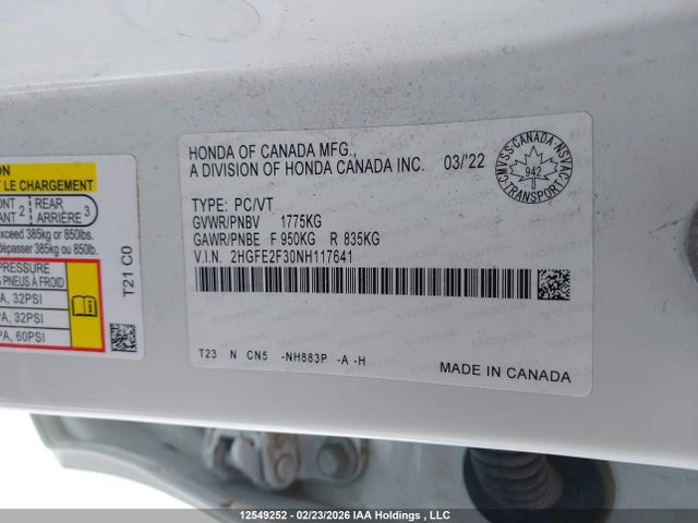 12549252 :رقم المزاد ، 2HGFE2F30NH117641 vin ، 2022 Honda Civic Ex مزاد بيع