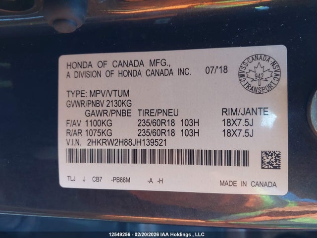 2HKRW2H88JH139521 Honda Cr-v Ex-l