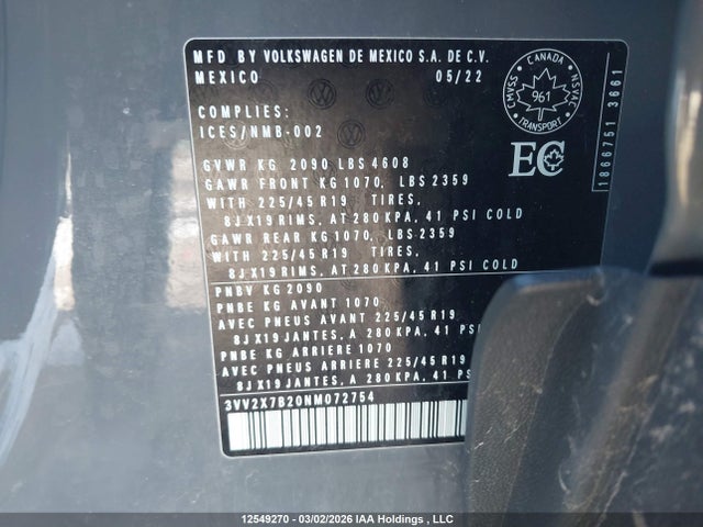 3VV2X7B20NM072754 Volkswagen Taos Highline