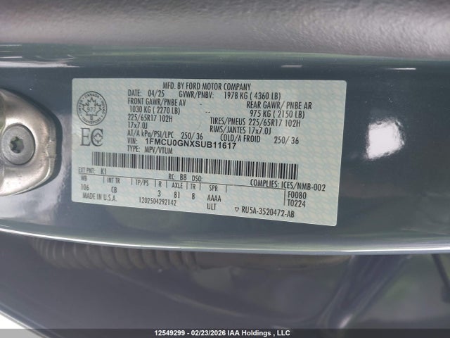 Aukcja sprzedaży 2025 Ford Escape Active, vin: 1FMCU0GNXSUB11617, numer aukcji: 12549299