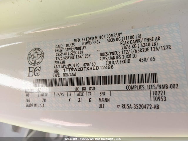 12549304 :رقم المزاد ، 1FT8W2BTXSED12496 vin ، 2025 Ford F-250 Platinum مزاد بيع