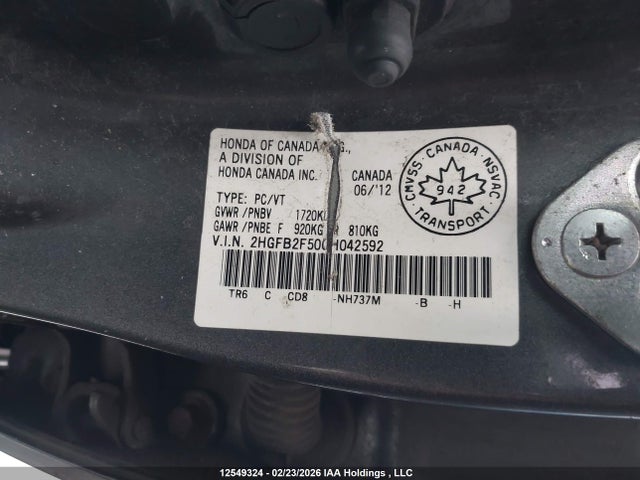 2012 Honda Civic Lx მანქანა იყიდება აუქციონზე, vin: 2HGFB2F50CH042592, აუქციონის ნომერი: 12549324