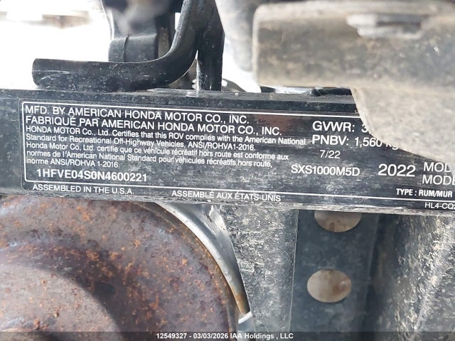 1HFVE04S0N4600221 Honda Sxs1000 M5