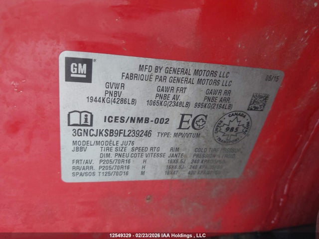 12549329 :رقم المزاد ، 3GNCJKSB9FL239246 vin ، 2015 Chevrolet Trax Ls مزاد بيع