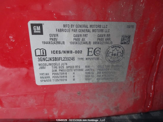12549329 :رقم المزاد ، 3GNCJKSB9FL239246 vin ، 2015 Chevrolet Trax Ls مزاد بيع