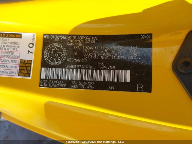 12549342 :رقم المزاد ، JTEBU11F570077815 vin ، 2007 Toyota Fj Cruiser مزاد بيع