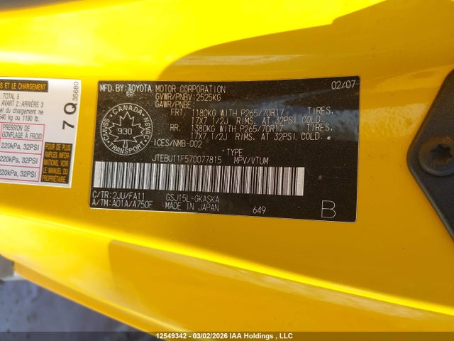 12549342 :رقم المزاد ، JTEBU11F570077815 vin ، 2007 Toyota Fj Cruiser مزاد بيع