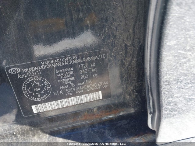 2012 Hyundai Elantra Gls/limited მანქანა იყიდება აუქციონზე, vin: 5NPDH4AE6CH093044, აუქციონის ნომერი: 12549344