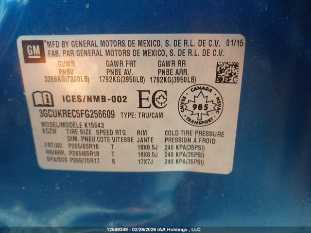 Aukcja sprzedaży 2015 Chevrolet Silverado 1500, vin: 3GCUKREC5FG256609, numer aukcji: 12549349