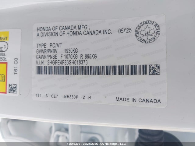 2HGFE4F86SH018373 Honda Civic Sport Hybrid/sport Touring Hybrid
