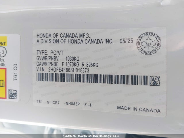2HGFE4F86SH018373 Honda Civic Sport Hybrid/sport Touring Hybrid