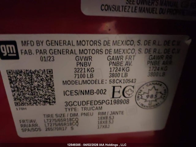 2023 Chevrolet Silverado K1500 Lt Trail Boss მანქანა იყიდება აუქციონზე, vin: 3GCUDFED5PG198908, აუქციონის ნომერი: 12549385
