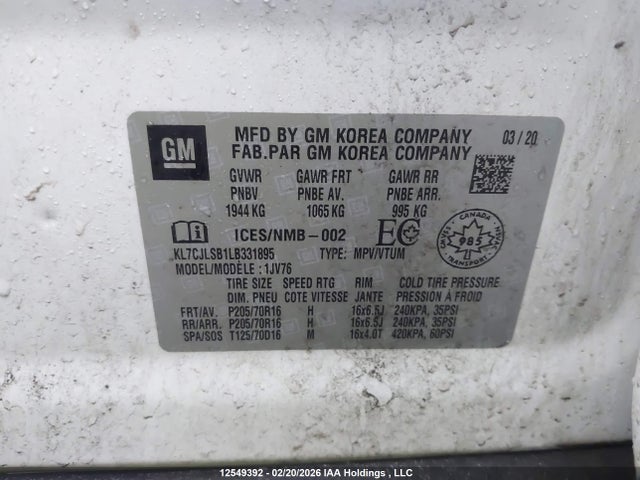 2020 Chevrolet Trax მანქანა იყიდება აუქციონზე, vin: KL7CJLSB1LB331895, აუქციონის ნომერი: 12549392