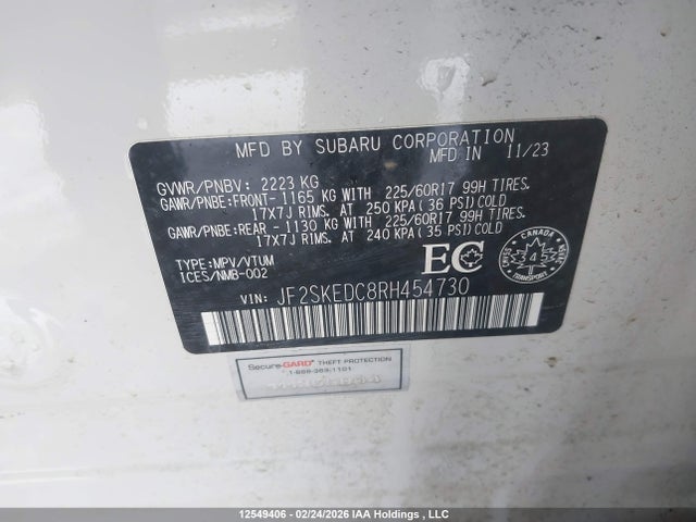 2024 Subaru Forester Touring მანქანა იყიდება აუქციონზე, vin: JF2SKEDC8RH454730, აუქციონის ნომერი: 12549406
