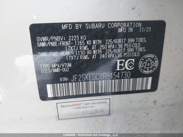 2024 Subaru Forester Touring მანქანა იყიდება აუქციონზე, vin: JF2SKEDC8RH454730, აუქციონის ნომერი: 12549406
