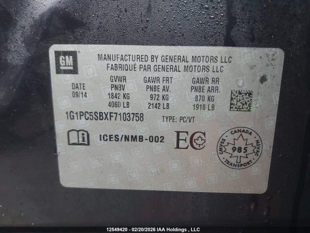 1G1PC5SBXF7103758 Chevrolet Cruze