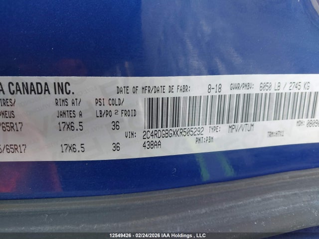 2C4RDGBGXKR505292 Dodge Grand Caravan Cvp/sxt