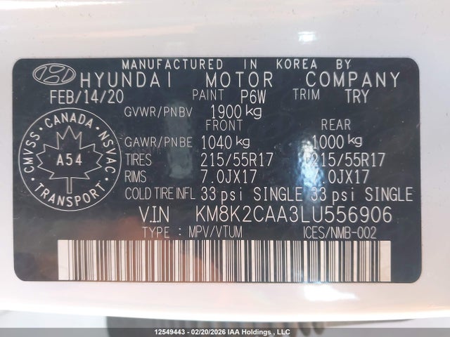 Продажа на аукционе авто 2020 Hyundai Kona Sel, vin: KM8K2CAA3LU556906, номер лота: 12549443