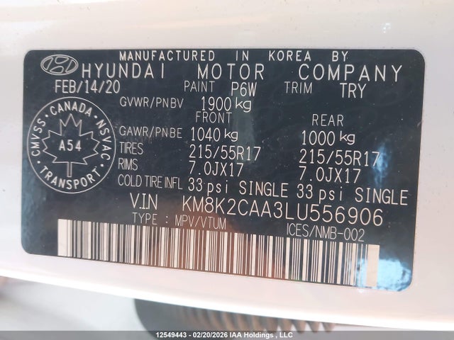 Продажа на аукционе авто 2020 Hyundai Kona Sel, vin: KM8K2CAA3LU556906, номер лота: 12549443