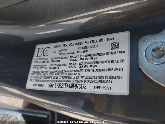 Продаж на аукціоні авто 2021 Tesla Model 3 Standard Range/standard Range Plus, vin: 5YJ3E1EA4MF976473, номер лоту: 12549446