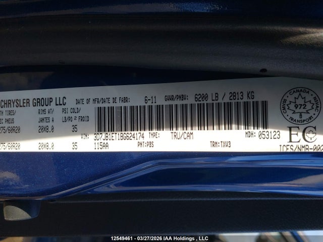 12549461 :رقم المزاد ، 3D7JB1ET1BG624174 vin ، 2011 Ram Ram 1500 St مزاد بيع