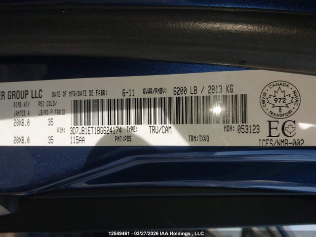 12549461 :رقم المزاد ، 3D7JB1ET1BG624174 vin ، 2011 Ram Ram 1500 St مزاد بيع